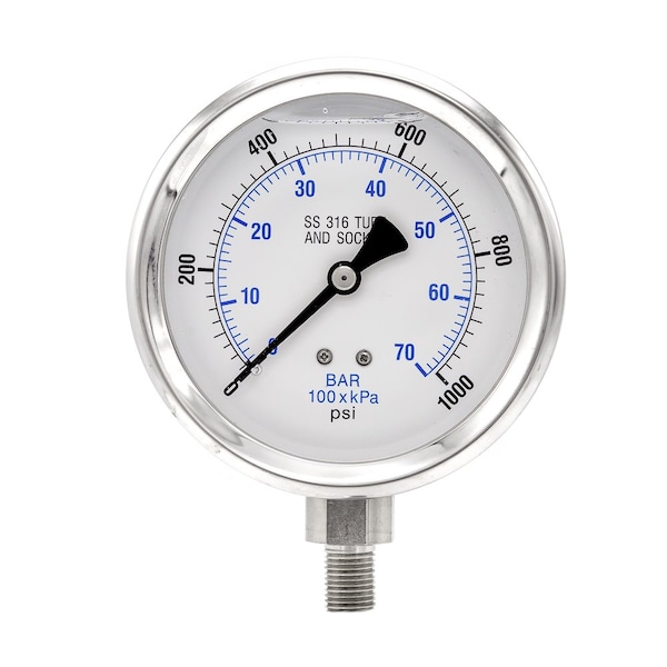 Pro 4 in Dial, 0/1000 PSI & Bar, 1/4 in NPT, Lower Mount Glycerin Filled Pressure Gauge PRO-301L-404M-01 - main